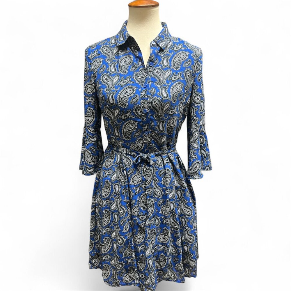 Banana Republic Factory Blue Paisley Dress w/ Tie Belt 4P Petite